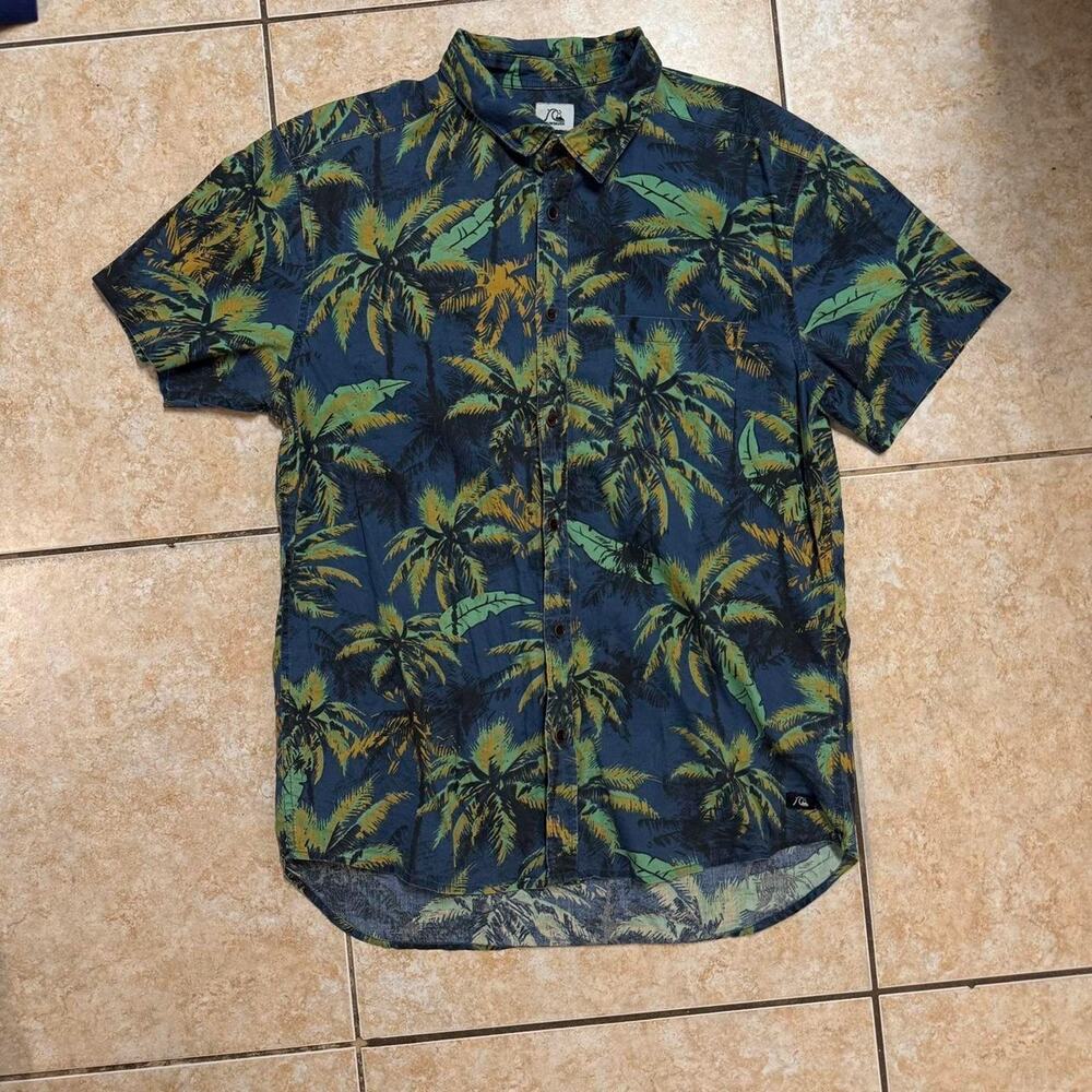 Quiksilver Palm Tree Print Short‎ Sleeve Button Up Shirt Coastal Casual
